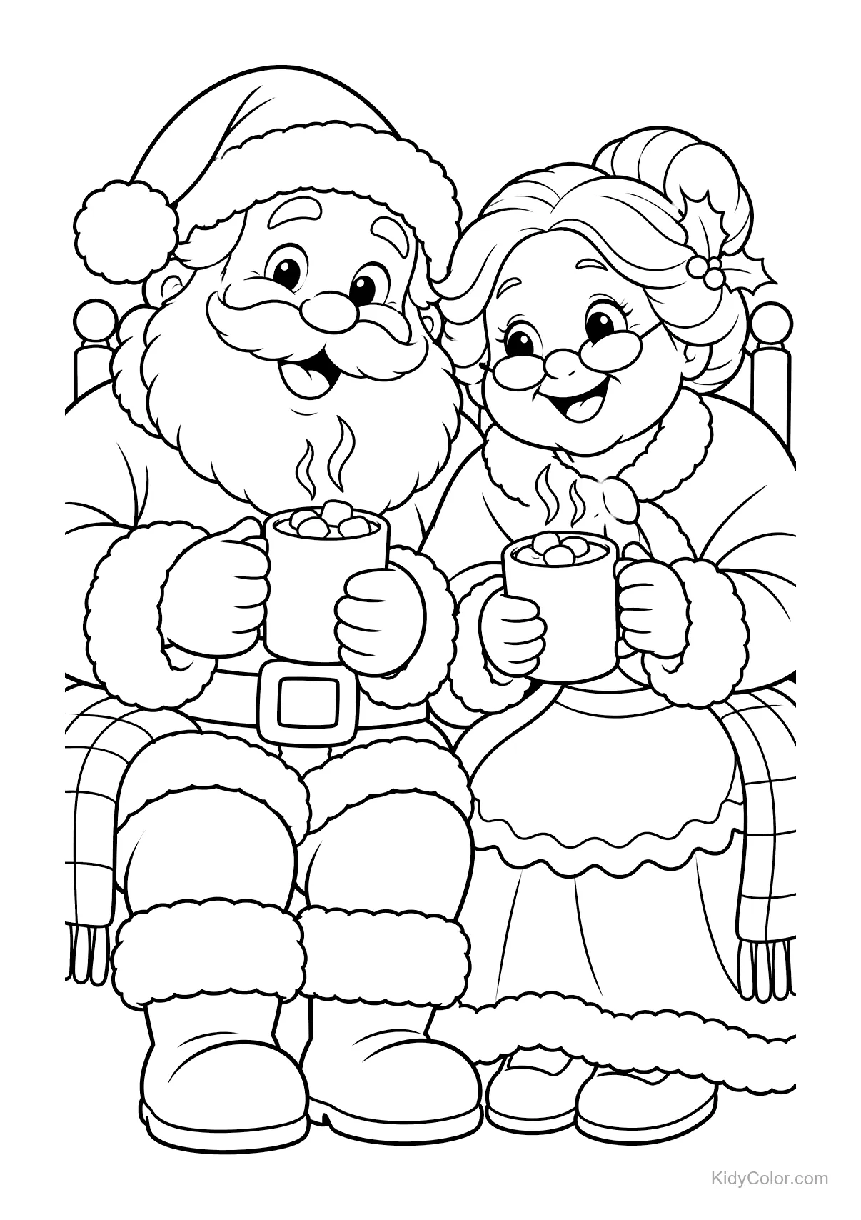 Papai Noel e Mamãe Noel sentados tomando chocolate quente.