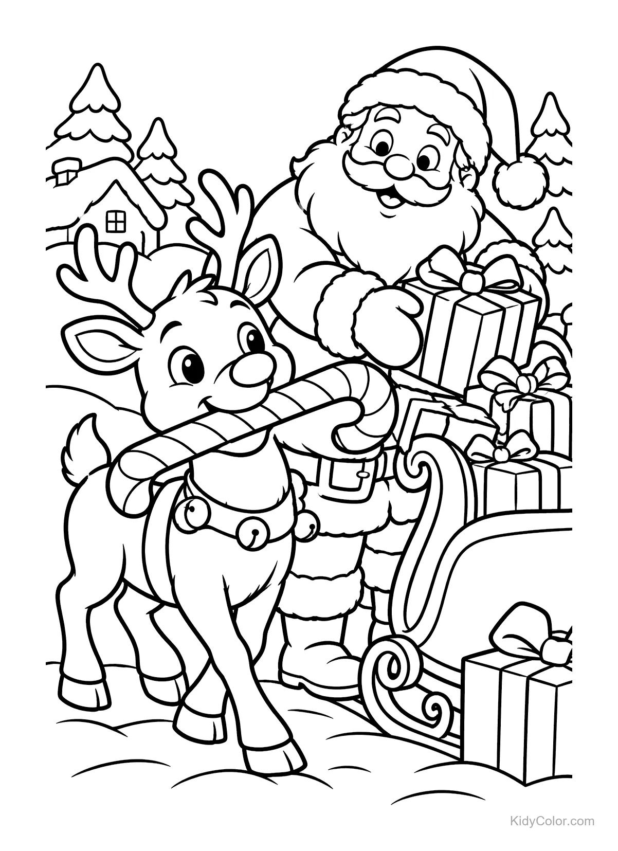 Santa with a reindeer carrying a candy cane, surrounded by gifts and snow.