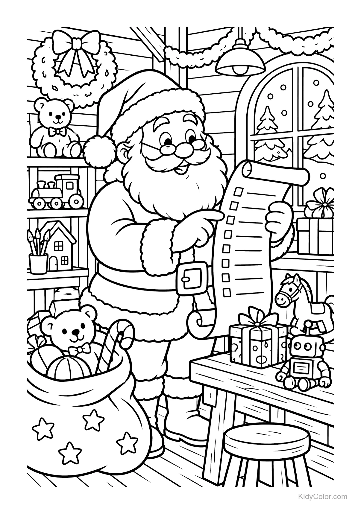 Santa Claus checking his list in a toy-filled workshop.