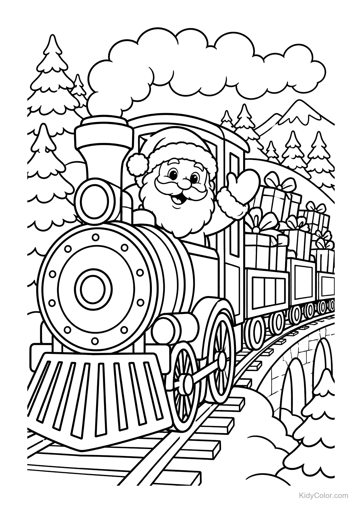 Weihnachtsmann auf einem Zug voller Geschenke in einer Schneelandschaft.