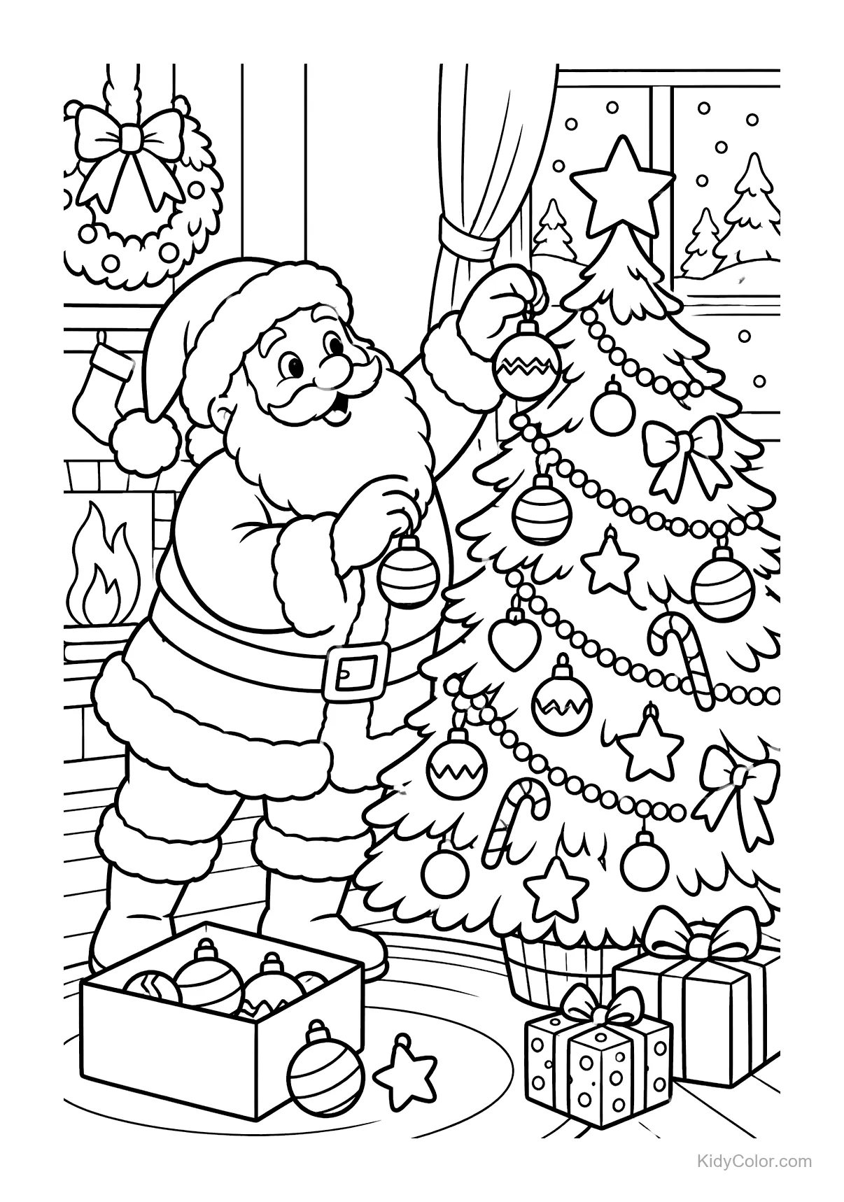 Santa hanging ornaments on a Christmas tree with gifts below.
