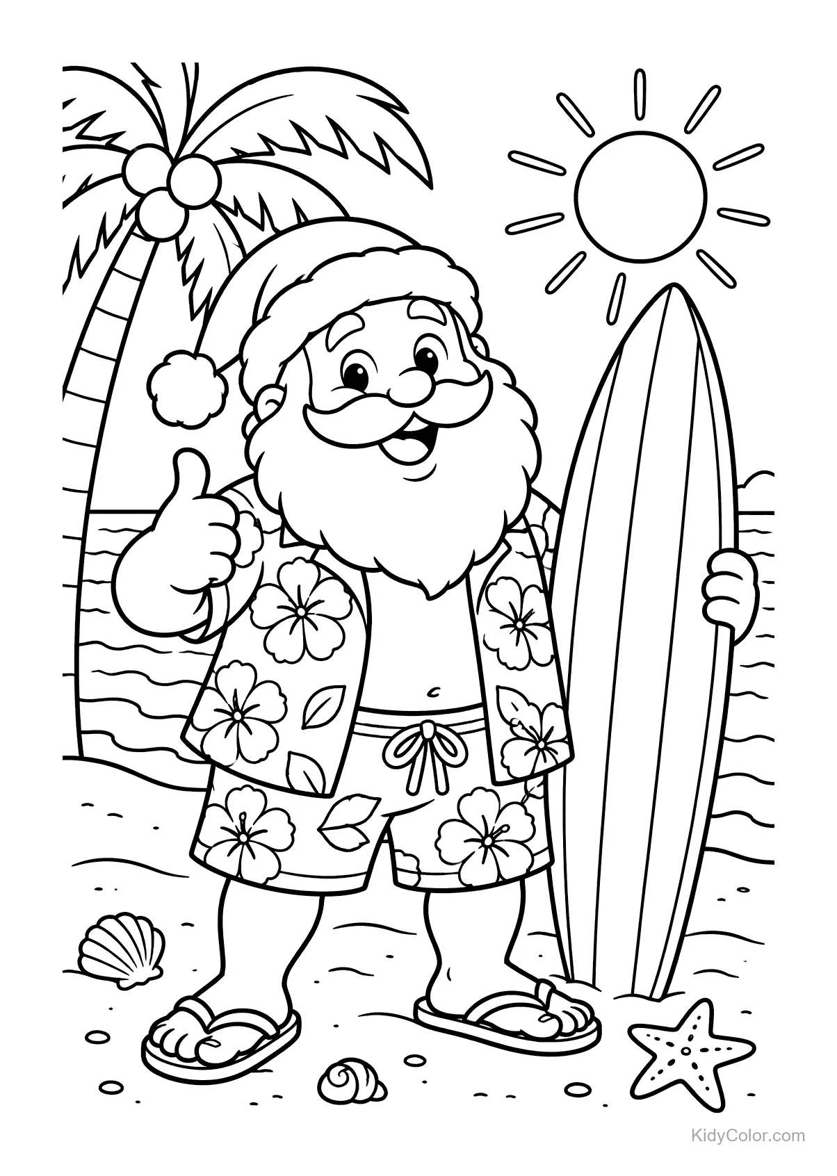 Santa Claus am Strand mit Surfbrett, Palme und Sonne.