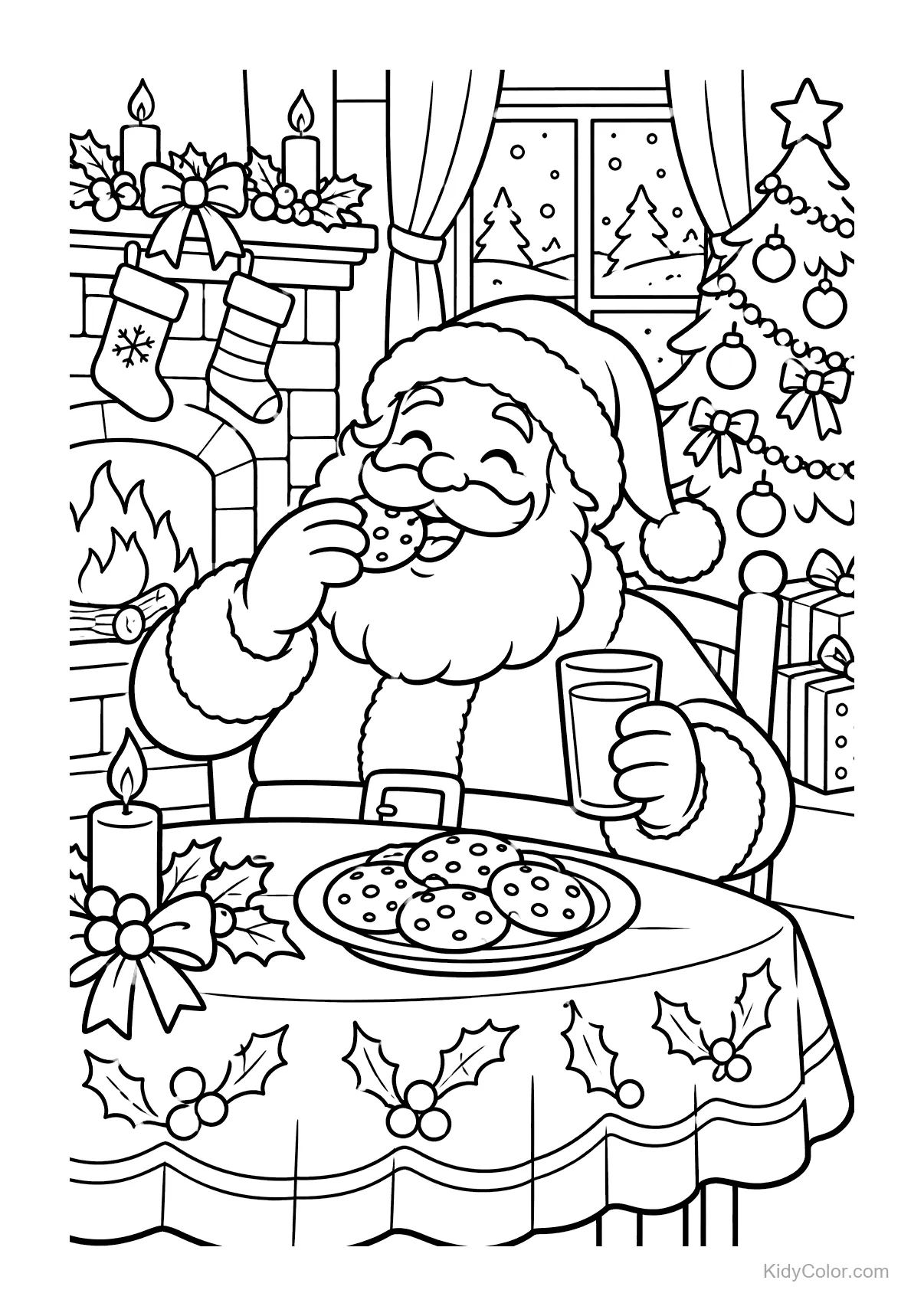 Santa Claus eating cookies and drinking milk by a fireplace, next to a Christmas tree.