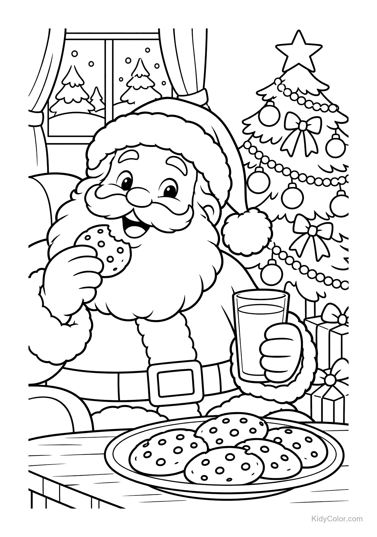 Babbo Natale mangia biscotti con un bicchiere di latte vicino a un albero di Natale.