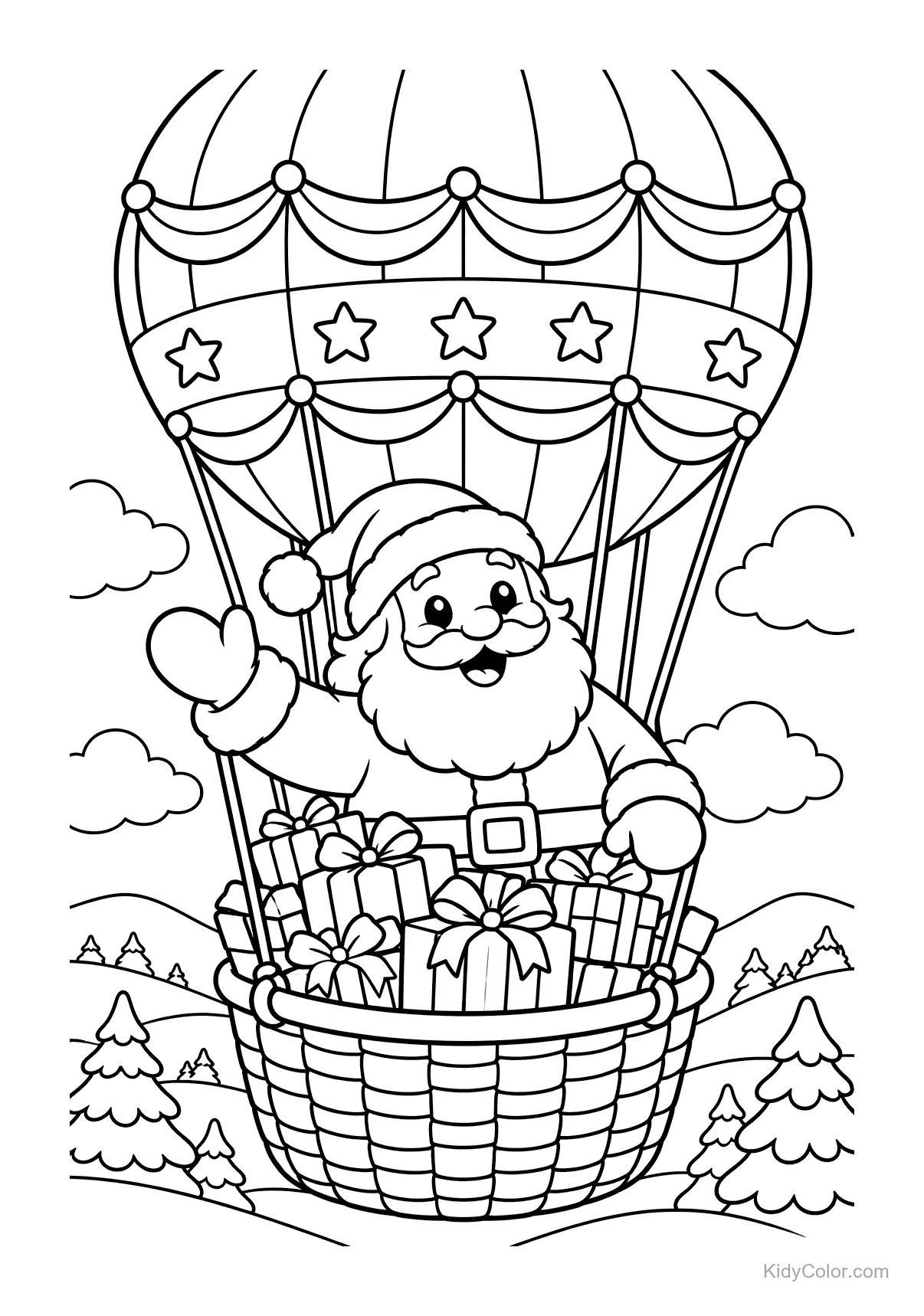 Weihnachtsmann winkt aus einem geschenkgefüllten Heißluftballon.