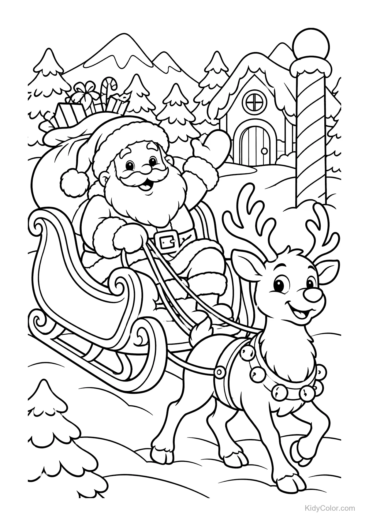 Weihnachtsmann im Schlitten mit Rentier am Nordpol, Haus im Hintergrund.