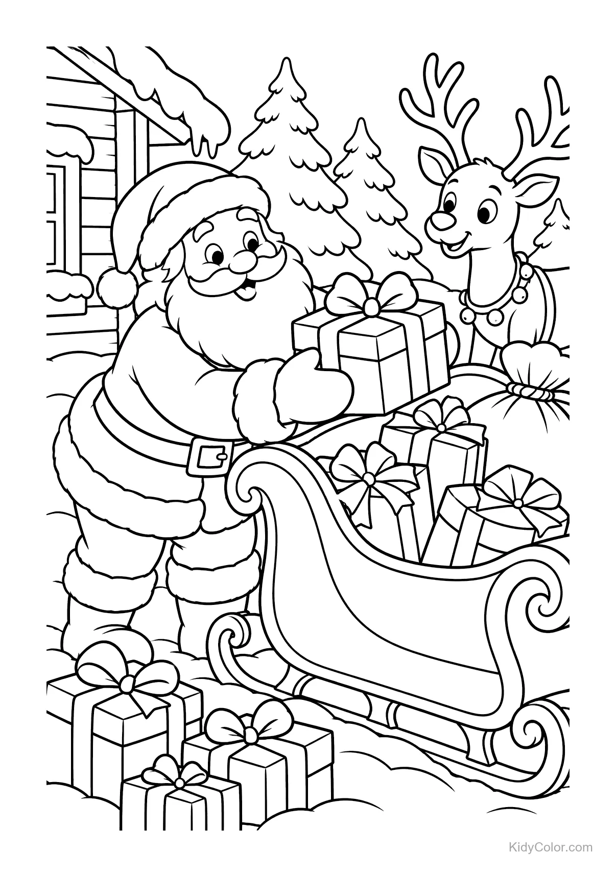 Weihnachtsmann lädt Geschenke in seinen Schlitten, Rentier daneben.