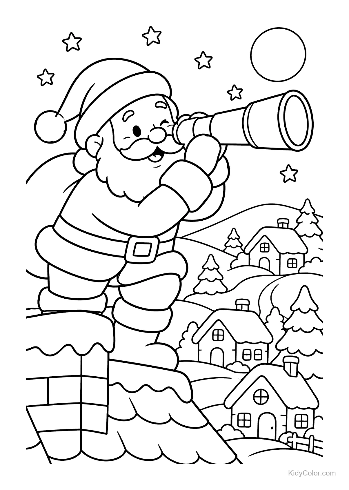 Santa Claus looking through a telescope over snowy houses.