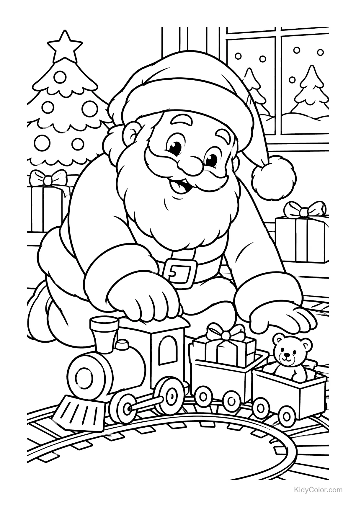 Santa Claus playing with a toy train near a Christmas tree.