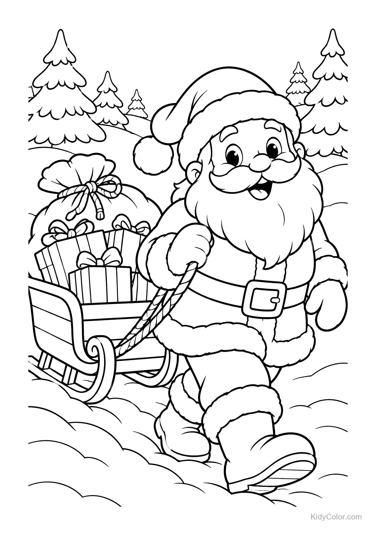 Santa Claus pulling a sled through snow with gifts and trees.