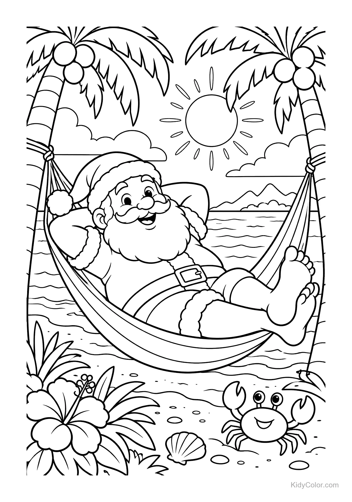 Santa Claus relaxing in a hammock by the sea with palm trees and a crab.