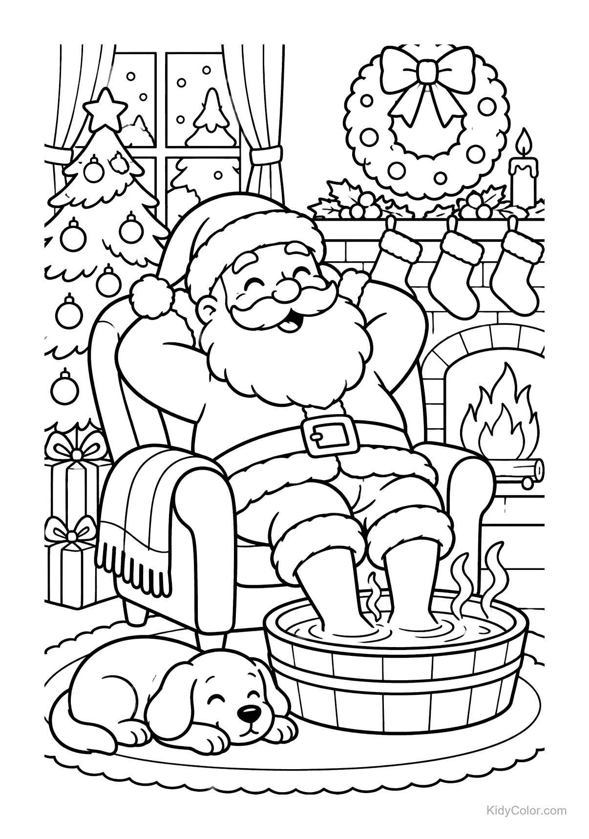 Weihnachtsmann mit Fußbad am Kamin, Hund daneben.