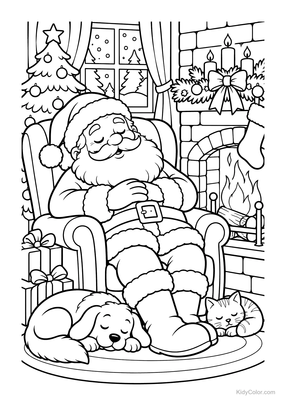 Santa Claus napping in a chair by the fireplace with a cat and dog.