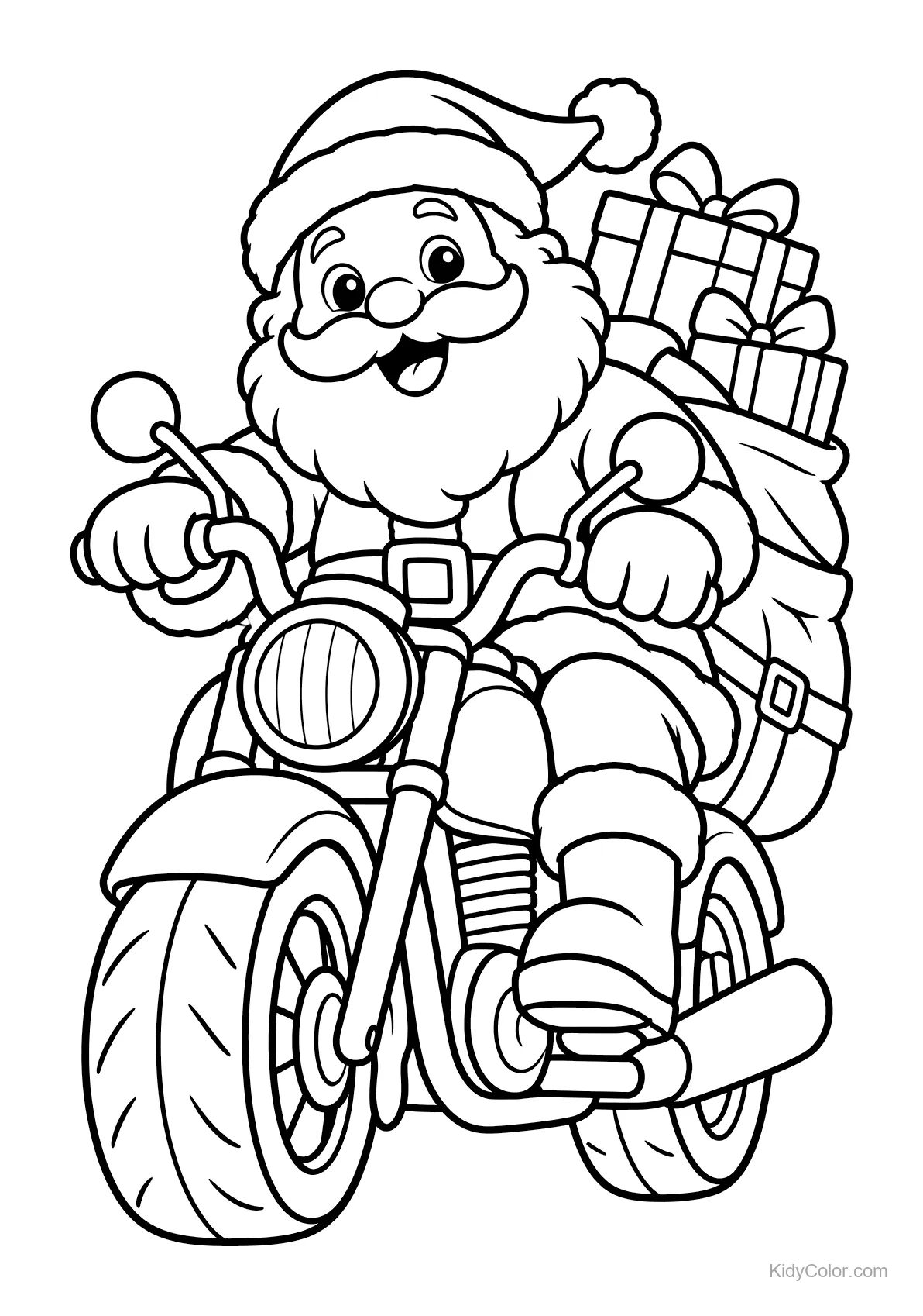 Weihnachtsmann auf einem Motorrad mit vielen Geschenken.