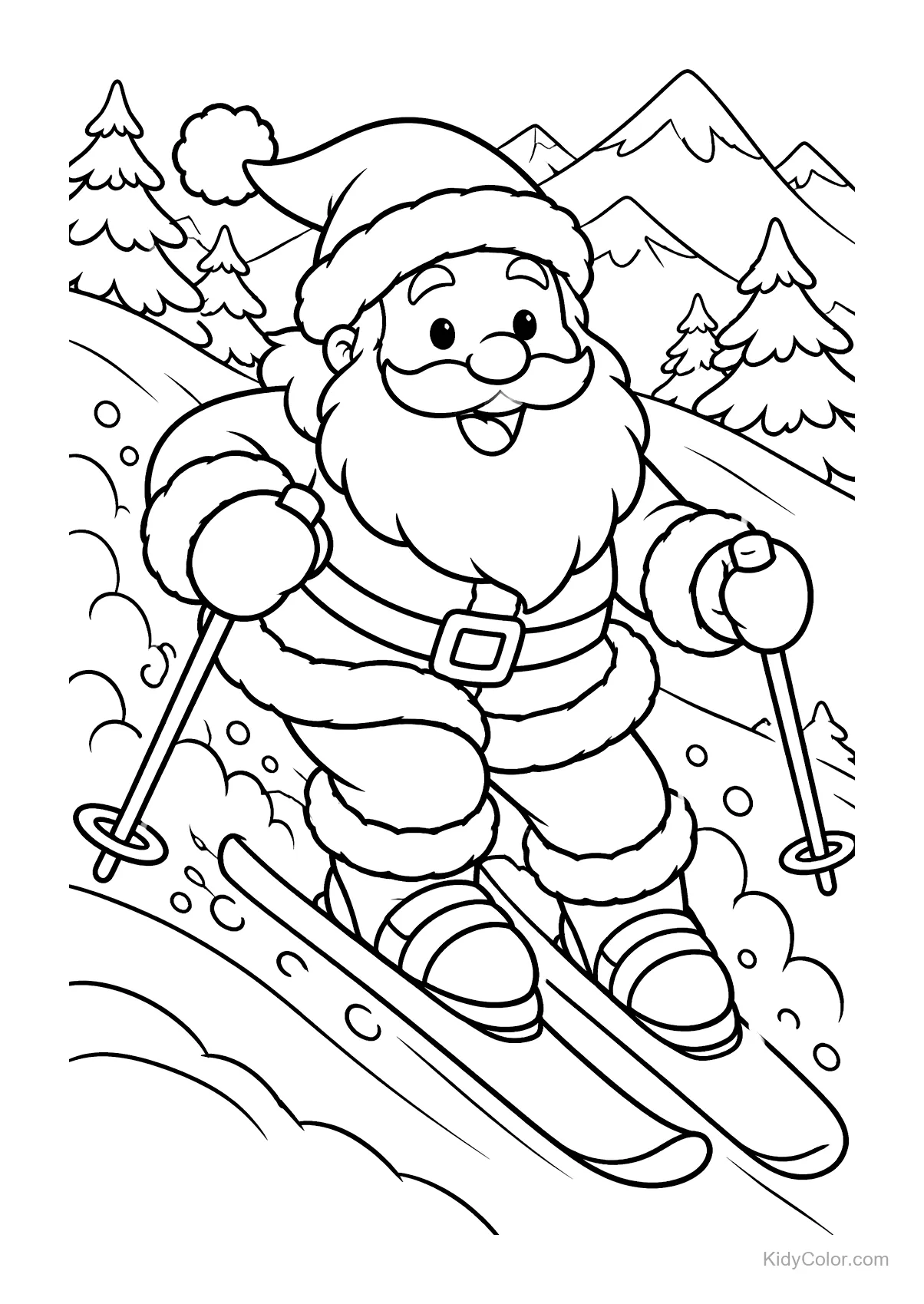 Weihnachtsmann fährt auf Skiern einen verschneiten Hang hinunter, mit Bäumen und Bergen.