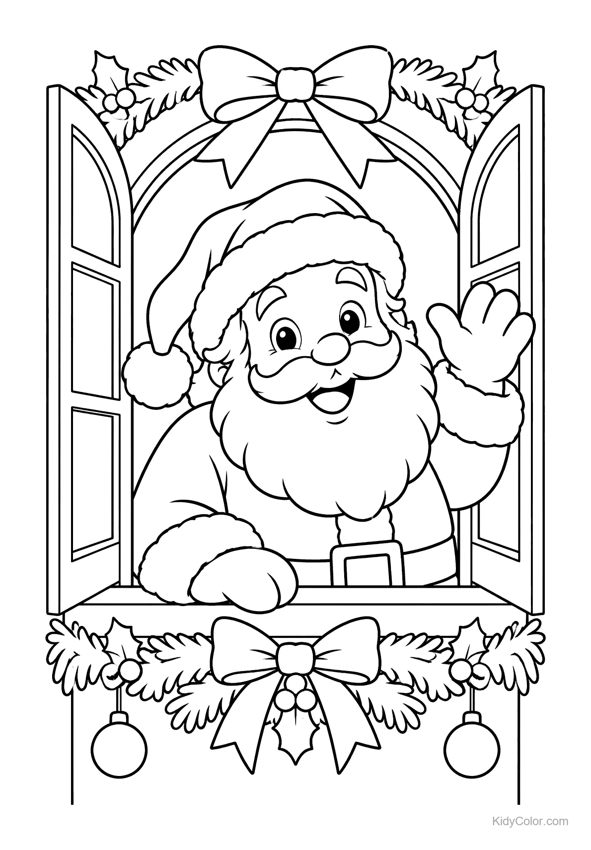 Papai Noel acenando de uma janela festiva com azevinho e laços.