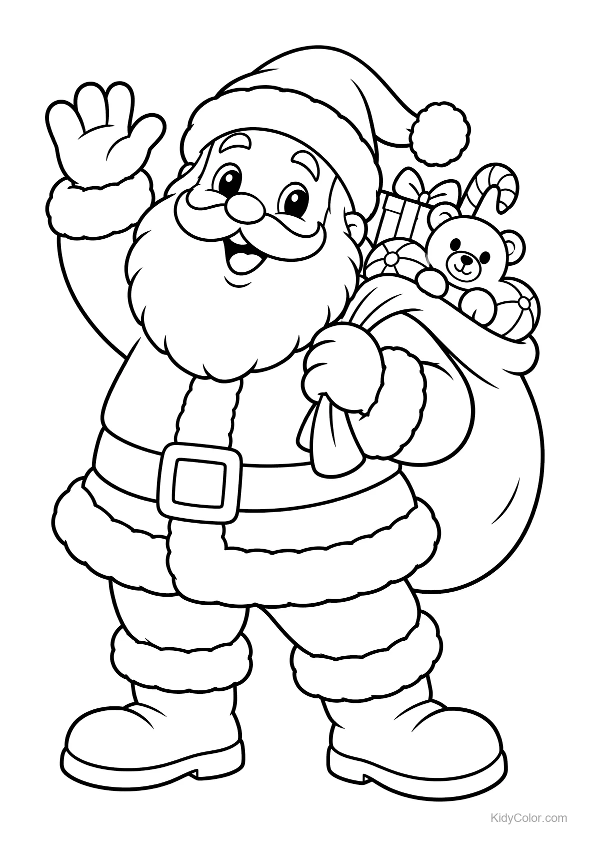 Weihnachtsmann winkt mit einem Sack voller Spielzeug, darunter ein Teddybär.