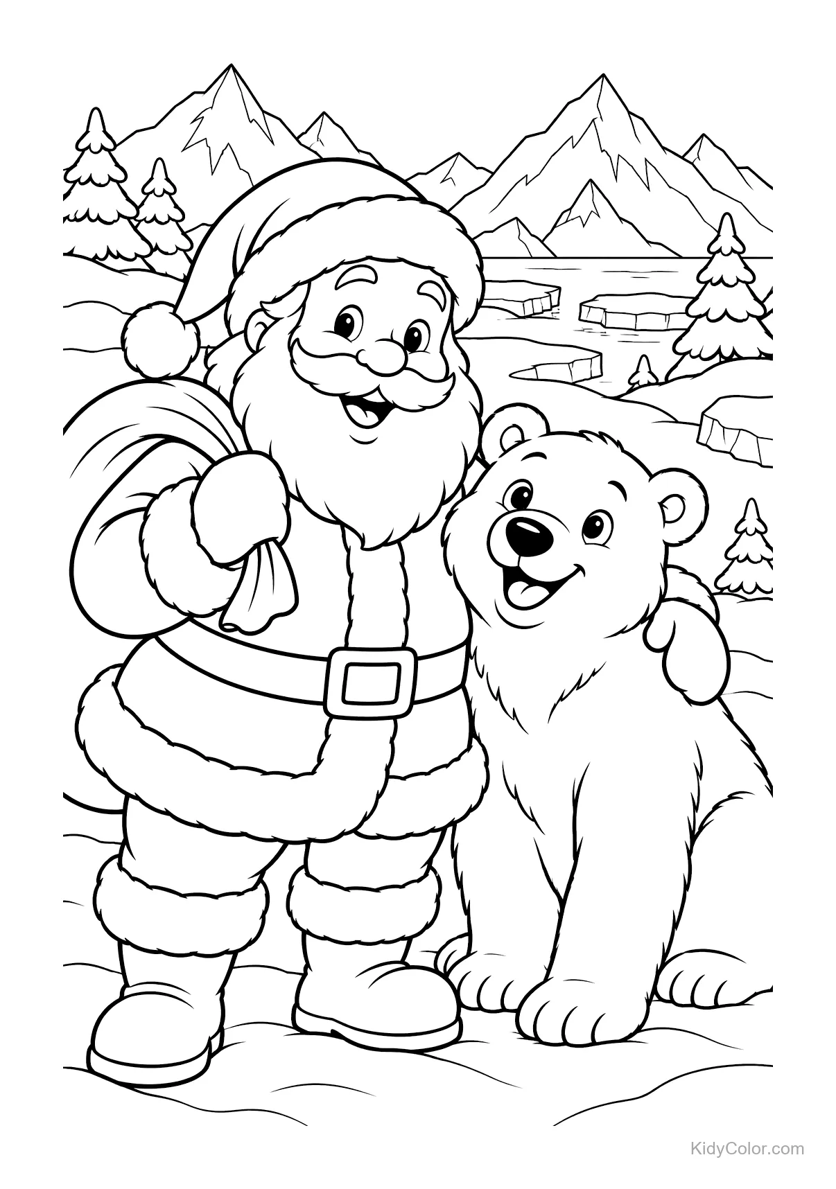 Weihnachtsmann neben lächelndem Eisbär vor schneebedeckten Bergen.