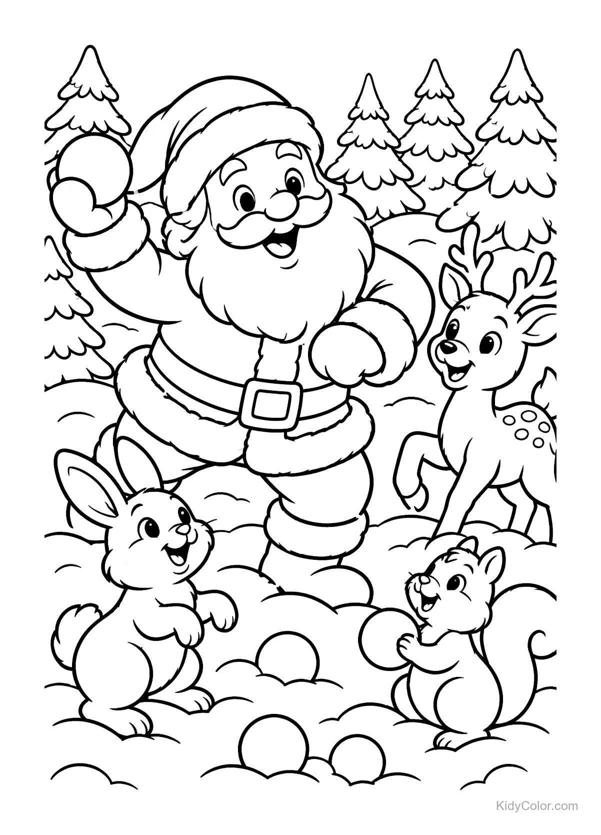 Weihnachtsmann spielt im Schnee mit Hase, Rentier und Streifenhörnchen.