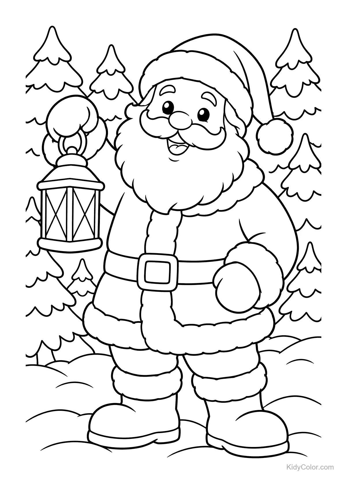 Weihnachtsmann hält eine Laterne im verschneiten Wald mit Tannenbäumen.