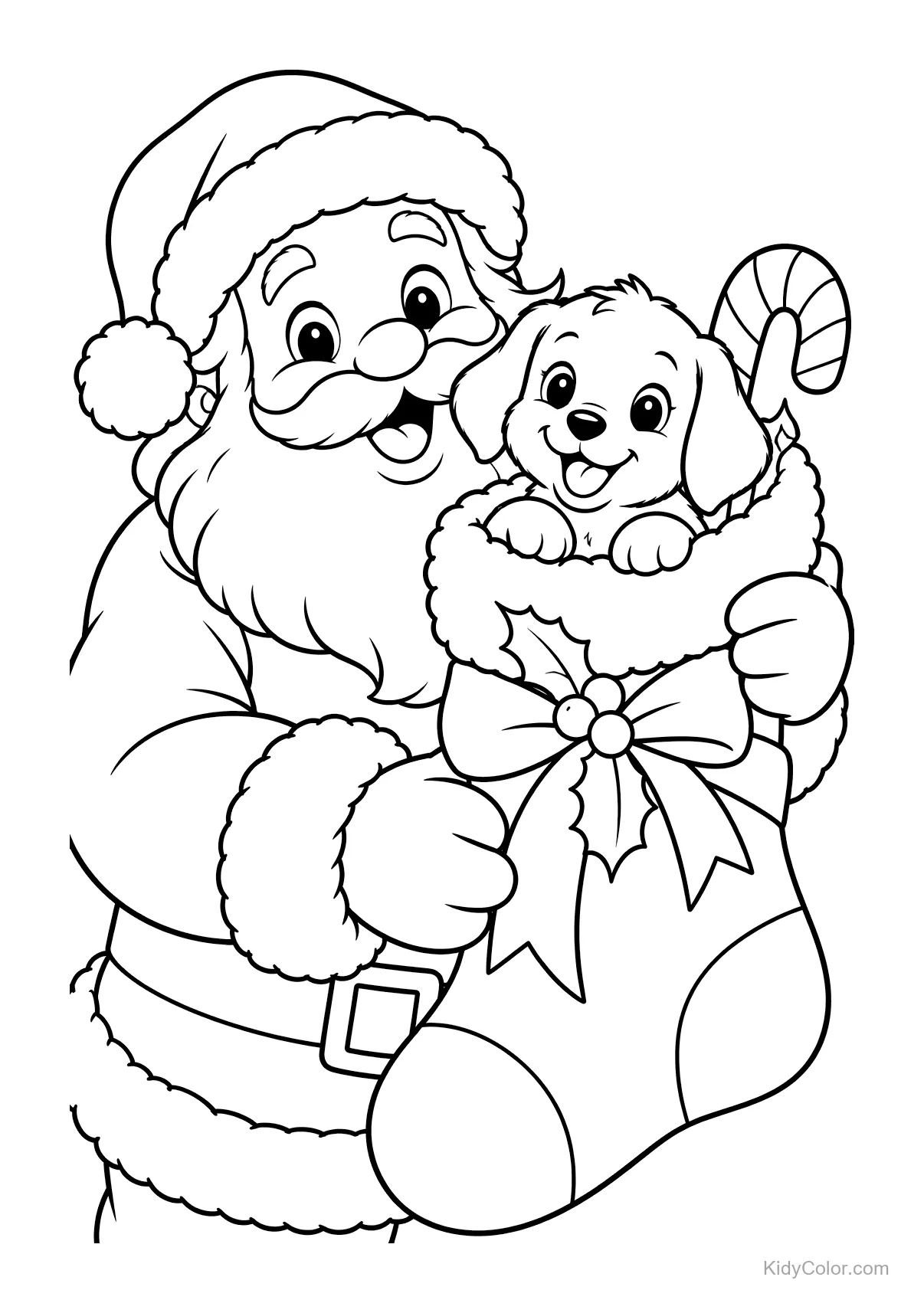 Weihnachtsmann hält einen Strumpf mit einem Welpen und Zuckerstange.