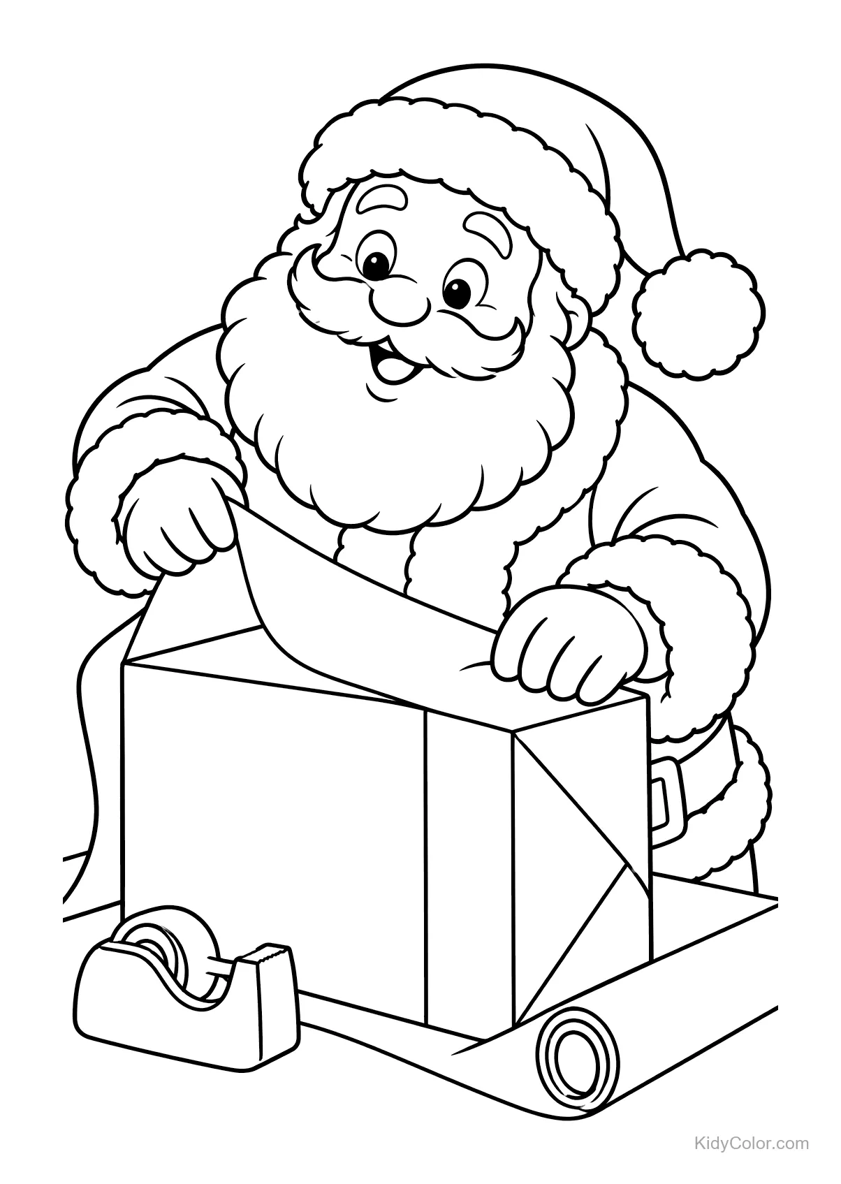 Weihnachtsmann verpackt ein großes Geschenk mit Papier und Klebeband.