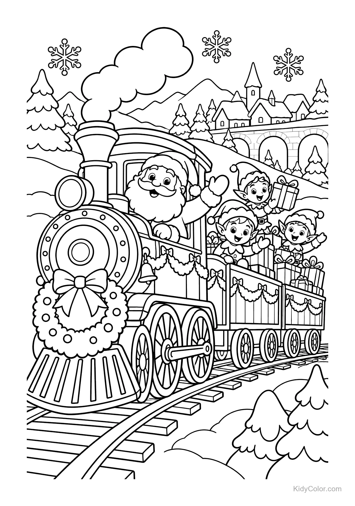 Kerstman en elfjes op een trein met sneeuw en cadeaus.