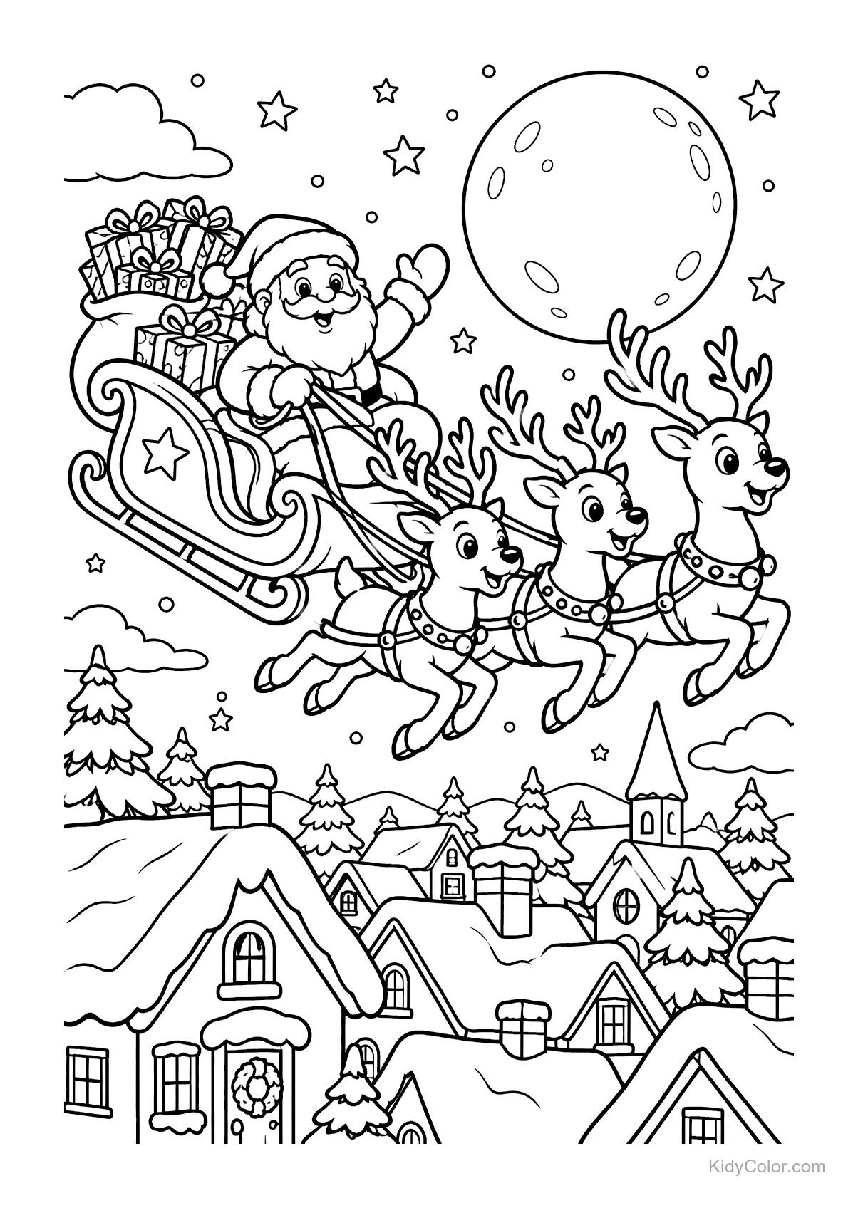 Santa Claus in sleigh with three reindeer over snowy village.