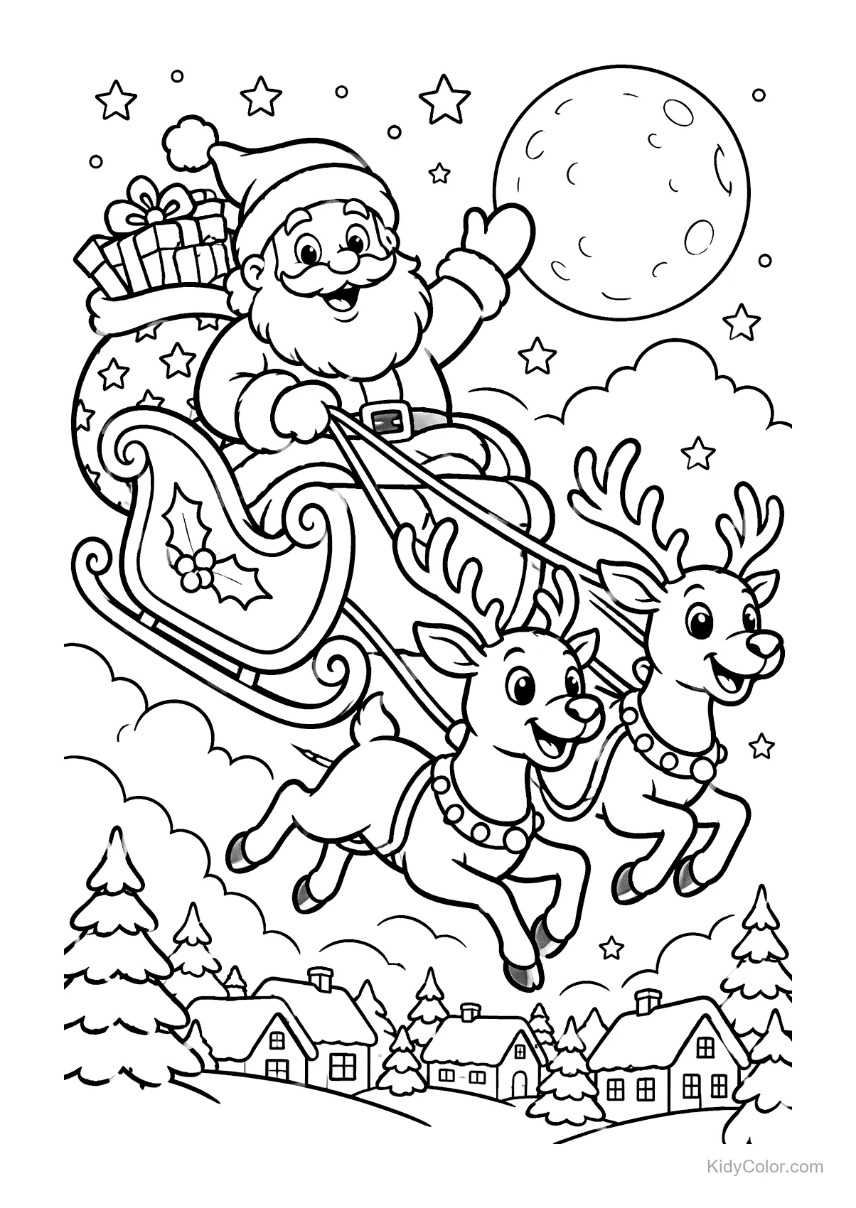 Santa Claus in his sleigh with reindeer flying over snow-covered houses.