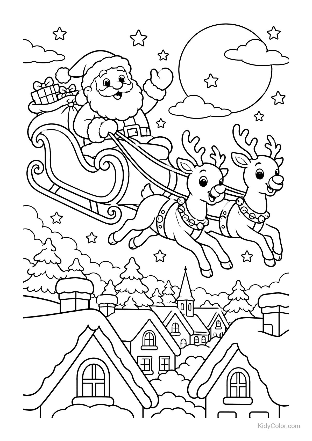 Santa Claus in sleigh with reindeer over snowy rooftops.