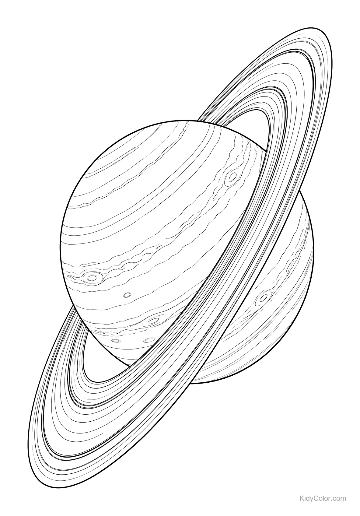 Saturn with its rings illustrated in black and white line art.