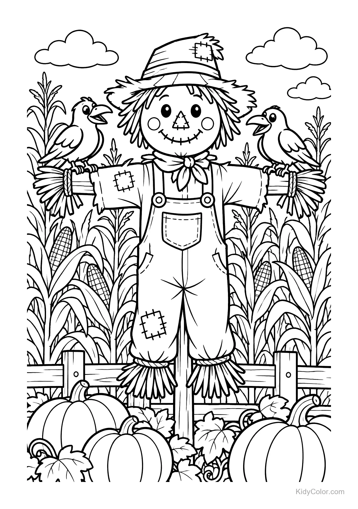 Cheerful scarecrow in a cornfield with two birds on its arms.