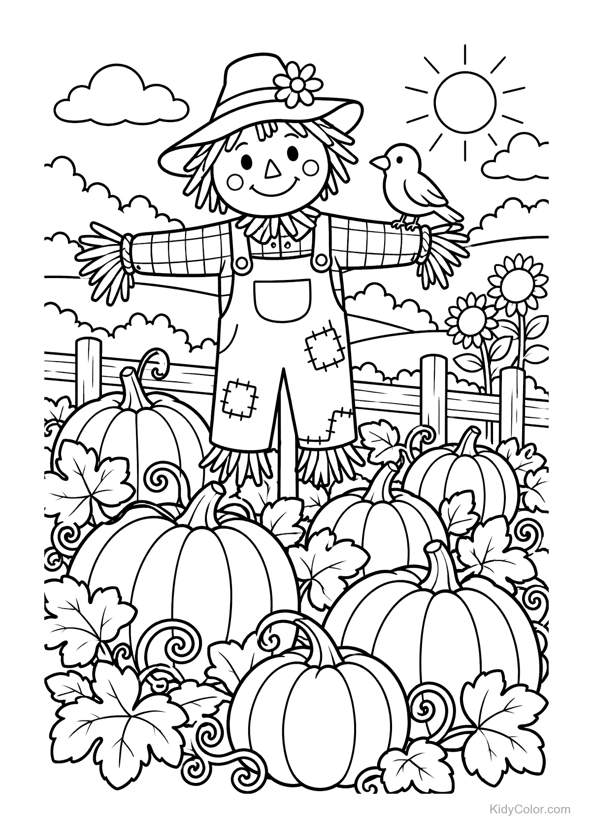 A scarecrow with a bird on its shoulder stands in a pumpkin patch.