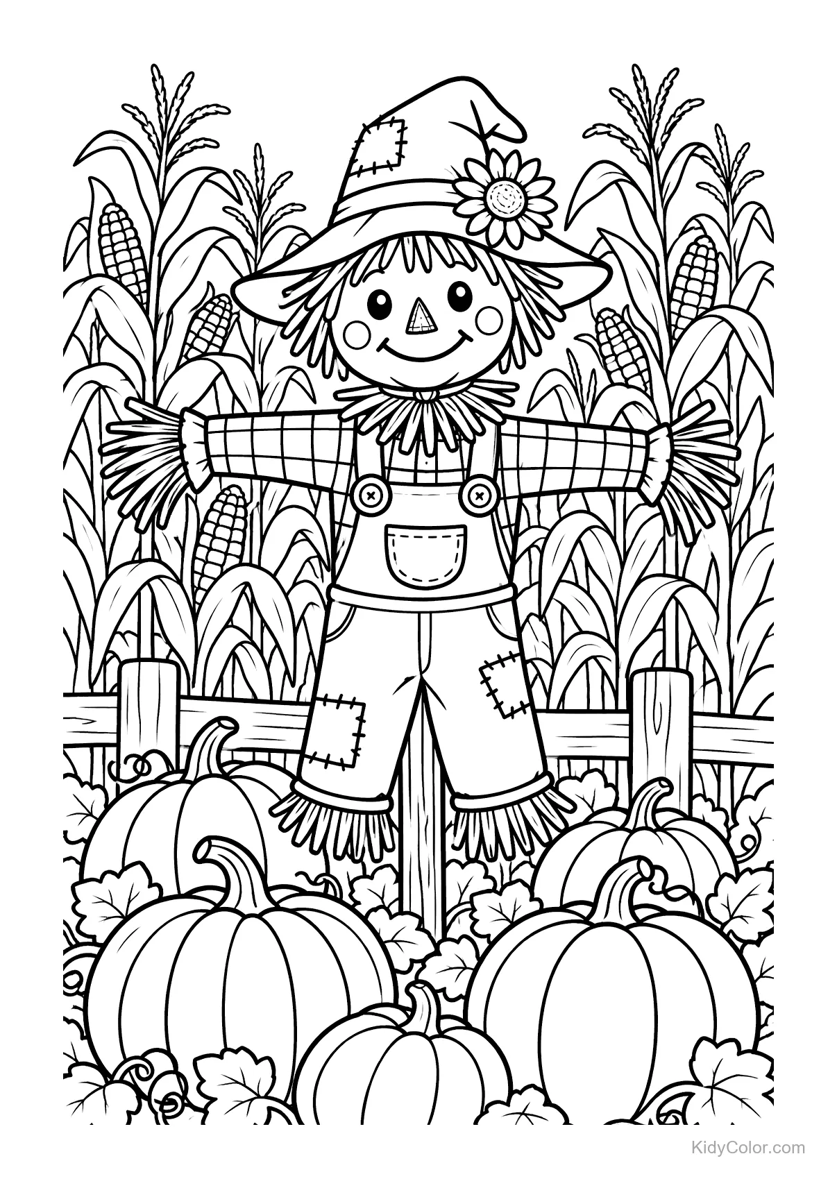 A cheerful scarecrow in overalls stands in a pumpkin patch with corn behind.