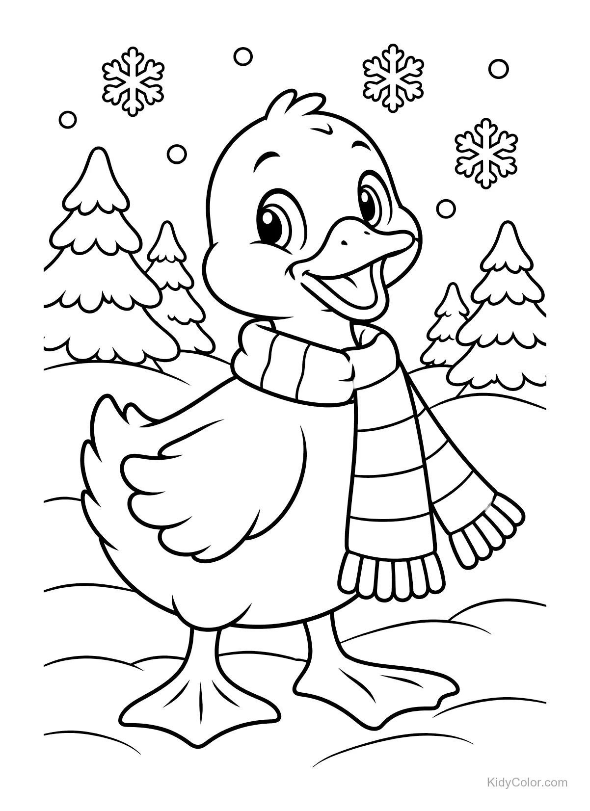 Canard avec écharpe dans la neige, arbres et flocons.