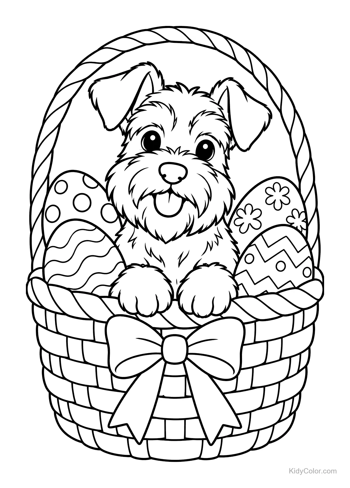 Miniature schnauzer in an Easter basket with eggs.