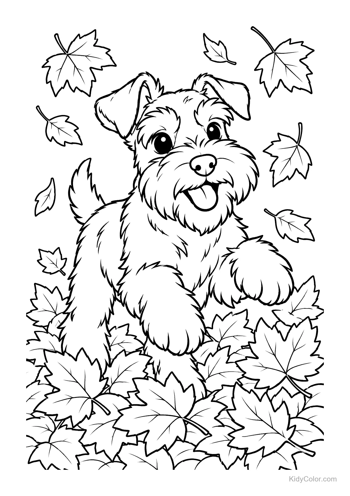 Schnauzer speelt in herfstbladeren met een vrolijke uitdrukking.