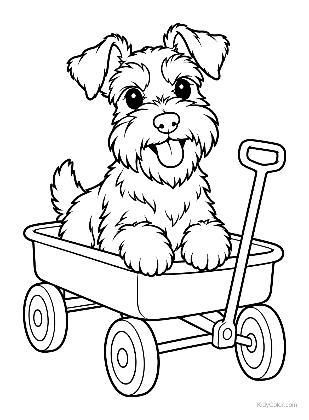 Miniatuur schnauzer in een karretje met een handvat.