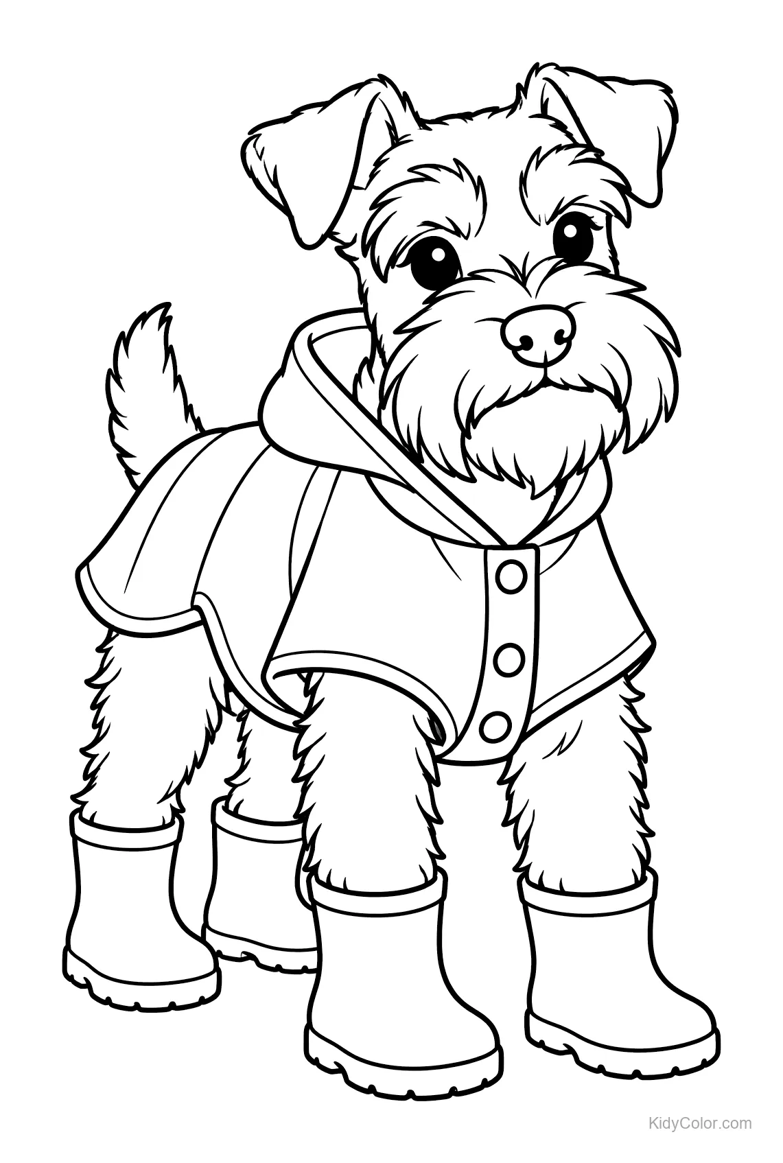 Miniatuur schnauzer in regenjas en laarzen.