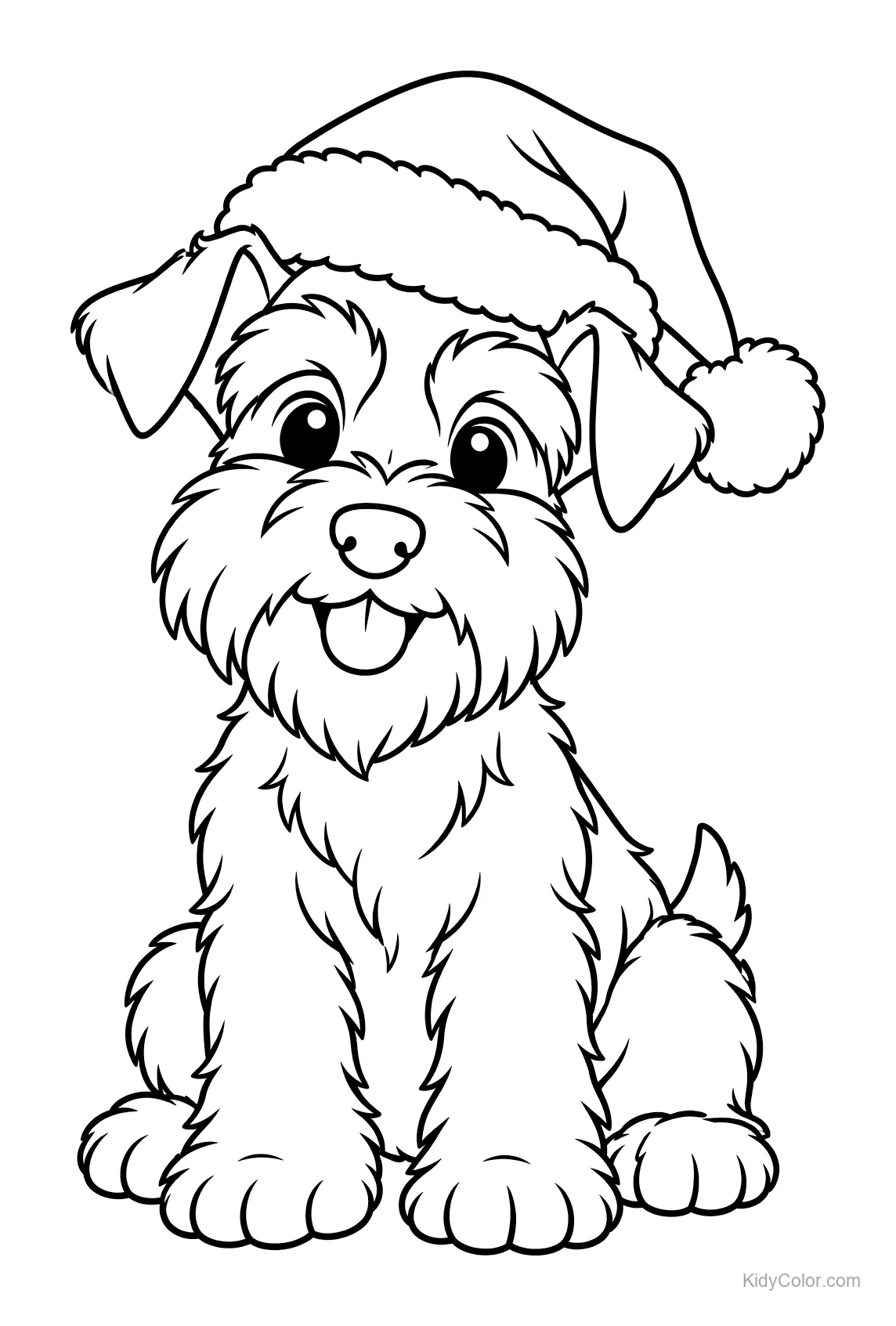 Schnauzerhond met kerstmuts, zittend en blij kijkend.
