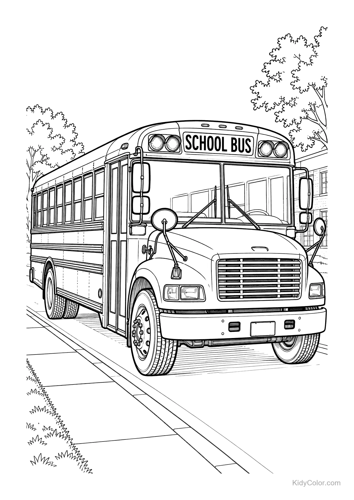 A detailed line-art drawing of a school bus on a suburban road.