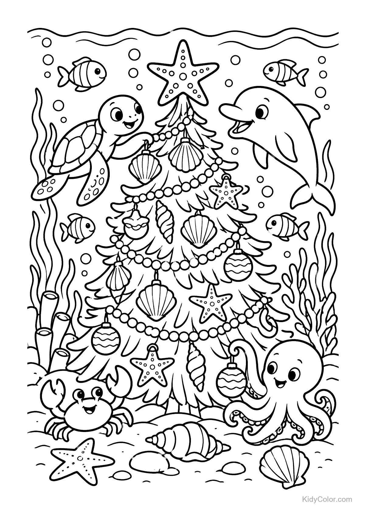 Sea creatures decorating a Christmas tree underwater with shells.