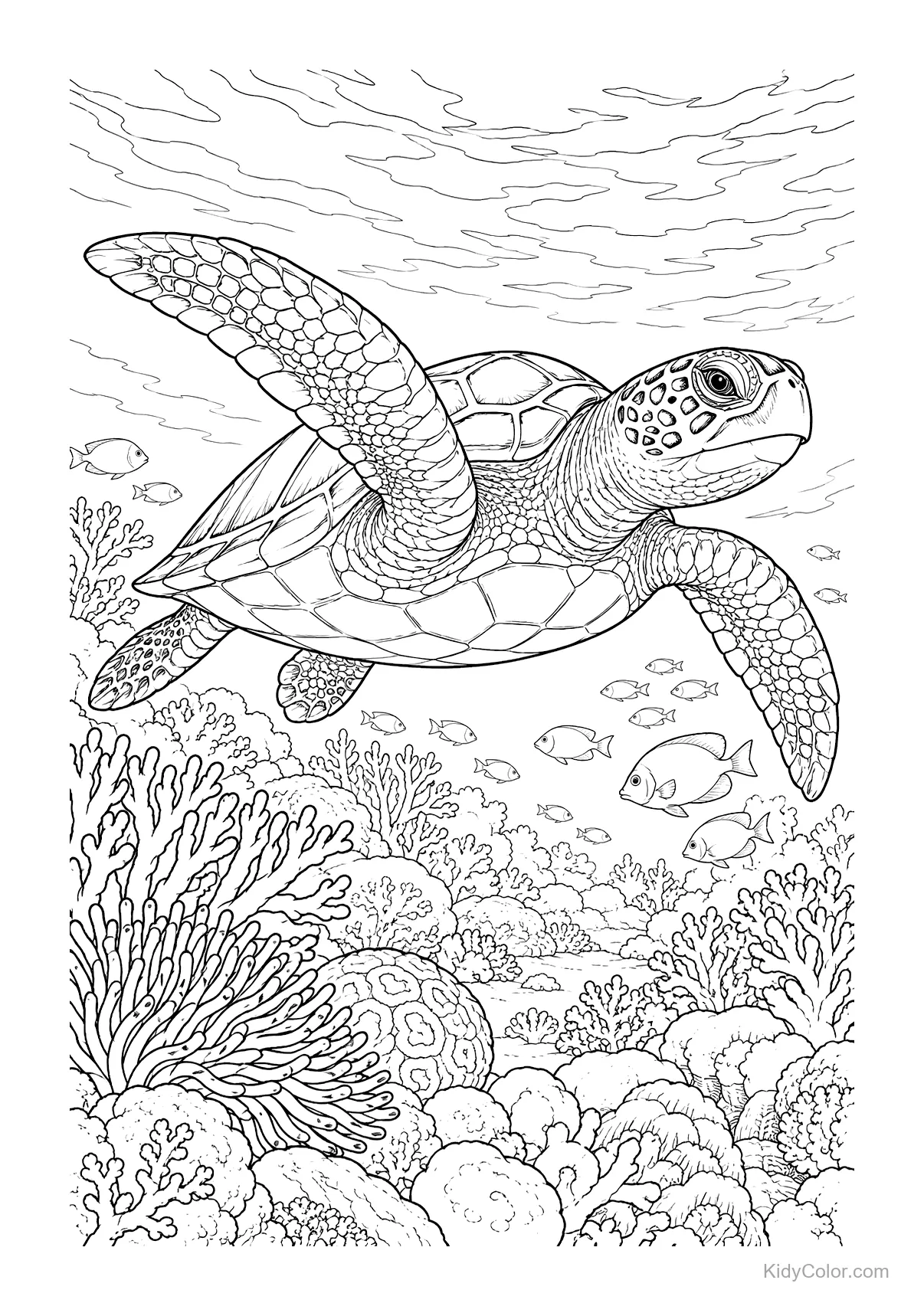 Tartaruga-marinha nadando sobre um recife de coral com peixes.