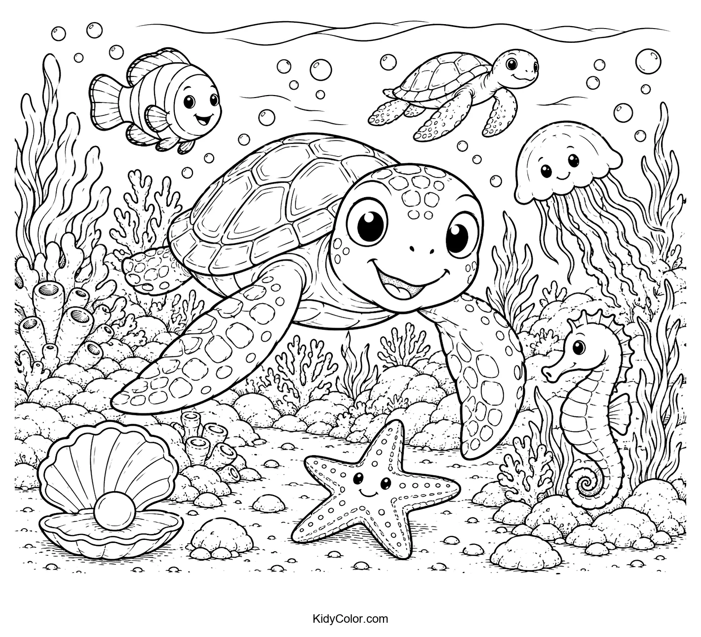 Sea turtle swimming with fish, seahorse, jellyfish, and starfish.