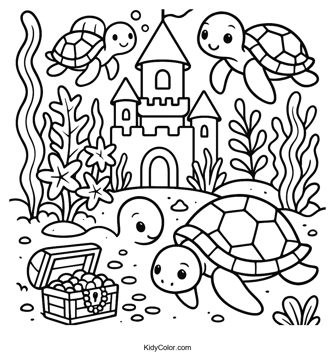 Sea turtles in an underwater castle garden