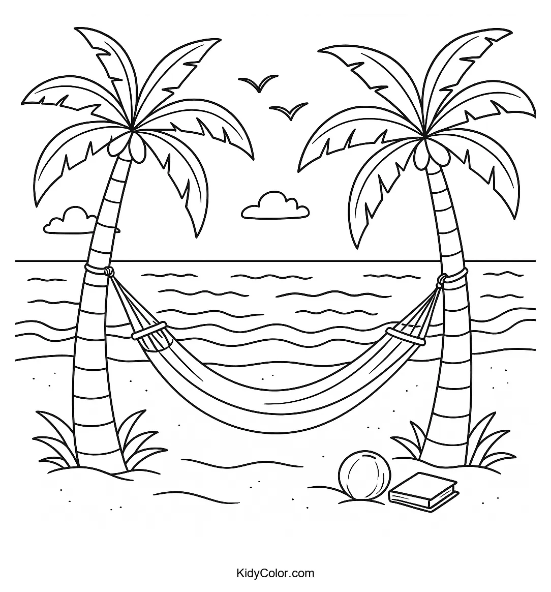Coloring page of a serene beach with palm trees