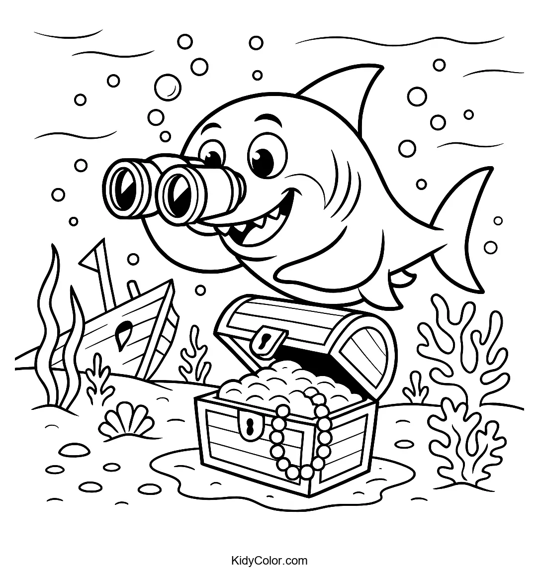 Shark with sunken treasure chest coloring page