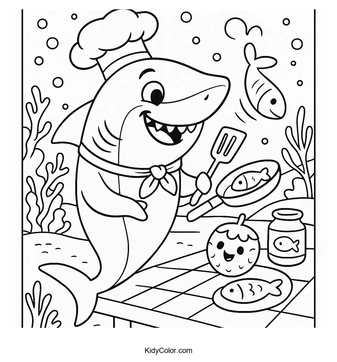 Shark chef cooking pancakes underwater