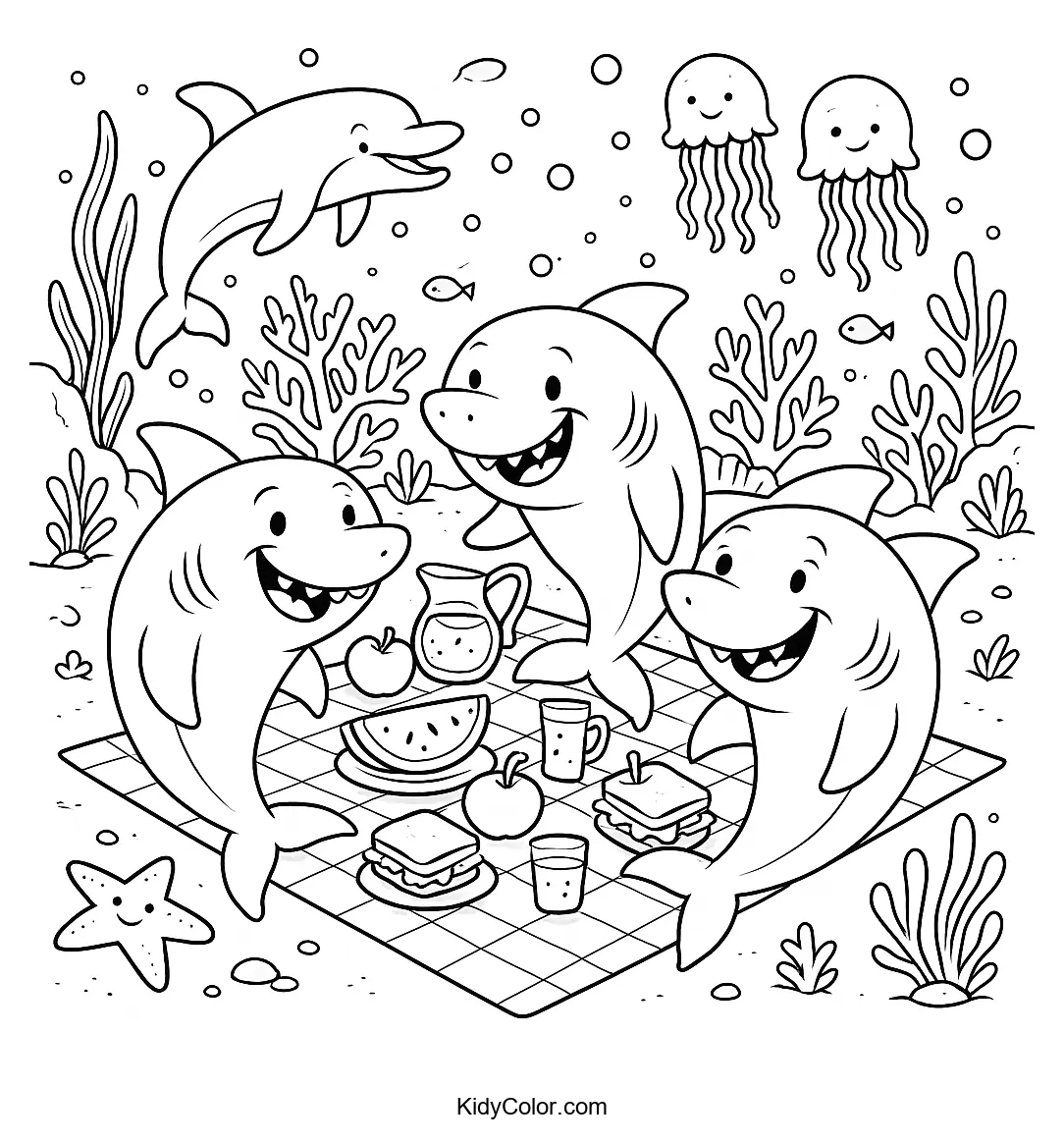 Sharks having a picnic underwater