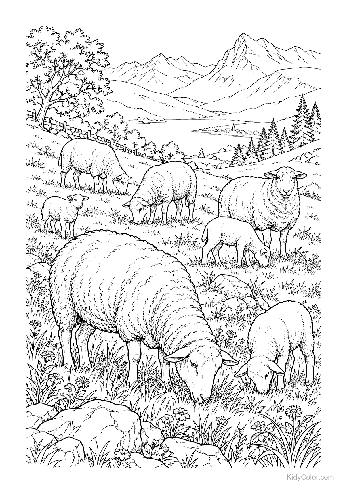 Sheep grazing in a meadow under mountain peaks.